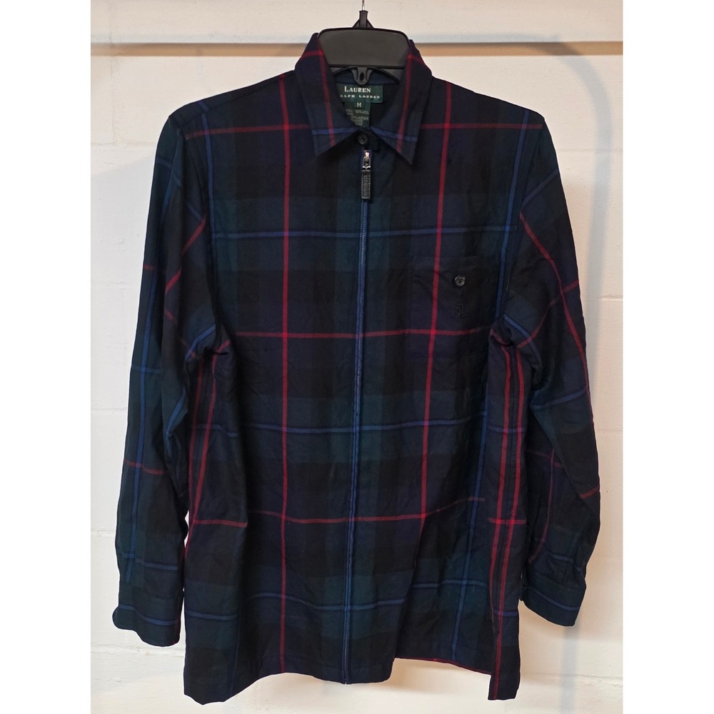 Vintage Lauren Ralph Lauren 100% Wool Plaid Zip Up Jacket Navy Green Red Tartan